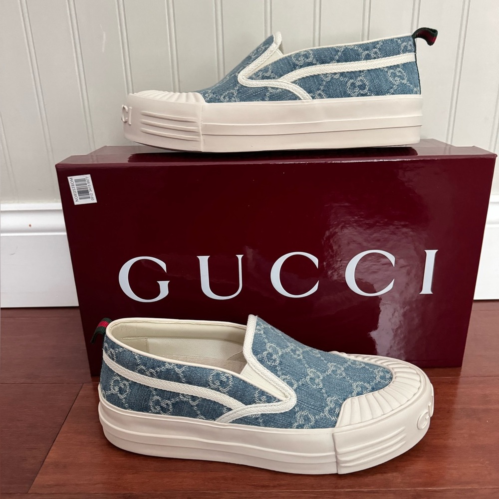 Gucci Women Delave GG Logo Platform Slip On Sneakers Denim Light Blue Various
